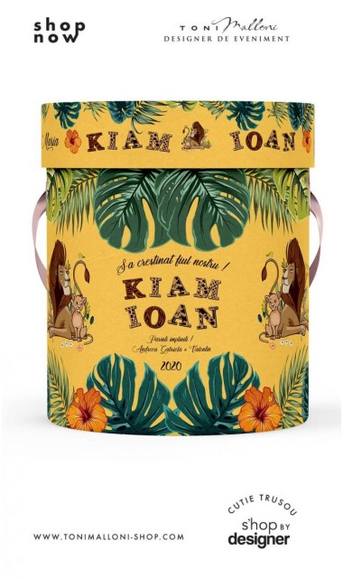 Cutie rotunda personalizata din mucava pentru trusou botez baieti Jungle Lion King and little one 1